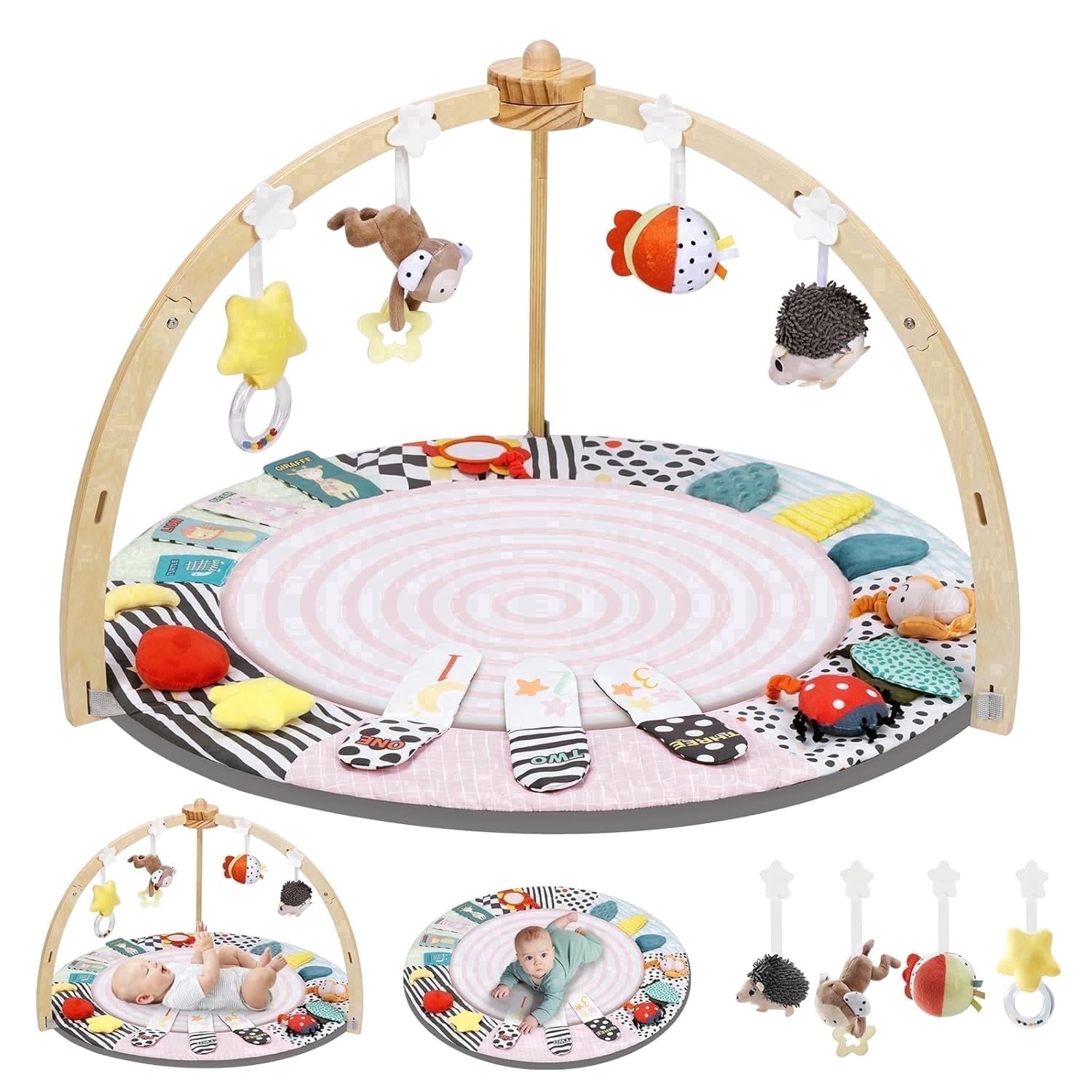 PRVAETU Wooden Baby Gym Play Mat, Foldable Tummy Time Playmat W/ 7 Detachable Toys for Infant Newborn Toddler Motor Skills Sensory Development,Pink
