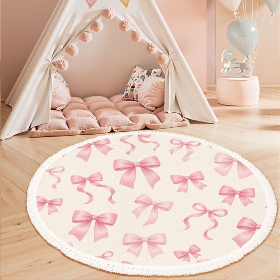 Pink Round Rug 3ft, Pink Satin Ribbon Bow Seamless Soft Pastel Washable Circle Rugs for Girls Kids Teens Bedroom Non-Slip Nursery Rug for Playroom Classroom Decor
