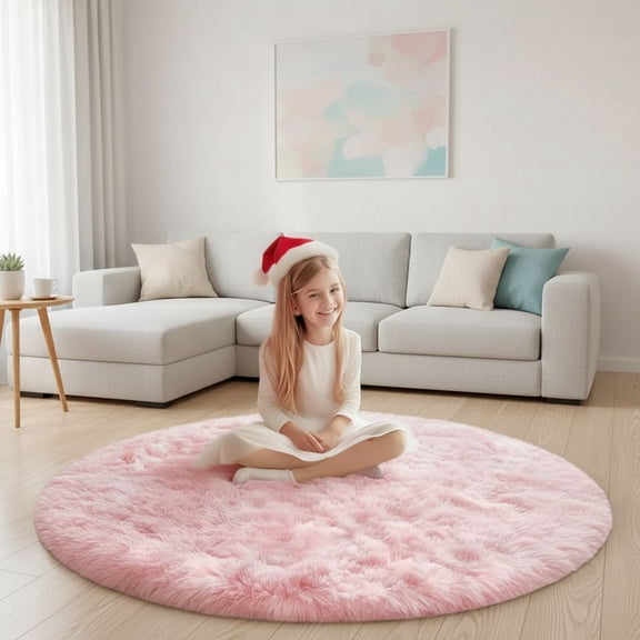 Pink Round Rug 4Ft for Girls Room Kids Bedroom, Fluffy Shaggy Soft Fuzzy Circle Area Rugs for Girls Bedroom Kids Home Decor Aesthetic, Plush Furry Throw Cute Baby Girl Nursery Room Rug