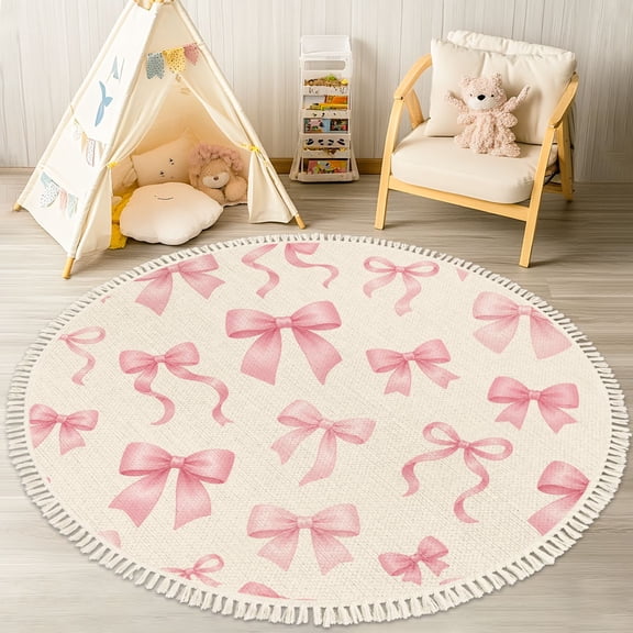 Pink Round Rug 4ft, Pink Satin Ribbon Bow Seamless Soft Pastel Washable Circle Rugs for Girls Kids Teens Bedroom Non-Slip Nursery Rug for Playroom Classroom Decor