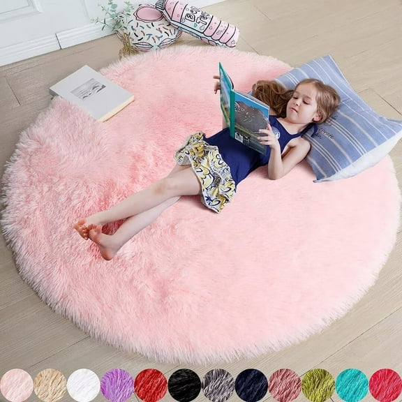 Pink Round Rug for Girls Bedroom,Fluffy Circle Rug for Kids Room,Furry Carpet for Teen ,Shaggy Circular Rug for Nursery Room,Fuzzy Plush Rug for Dorm,Cute Room Decor for Baby