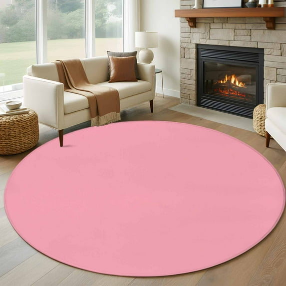 Pink Round Rugs 5ft, Farmhouse Solid Pink Color Modern Art Non Slip Washable Rug Runner, Low Pile Indoor Floor Carpet Mat Bathroom Rugs for Living Room, Bedroom, Kids Room