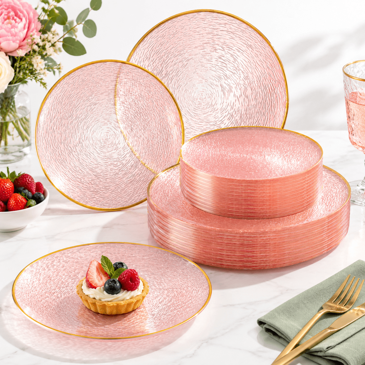 Pink Pvc Vinyl Pink Round Style Plastic Party Plates, 60 Count (30 Dessert, 30 Dinner ...