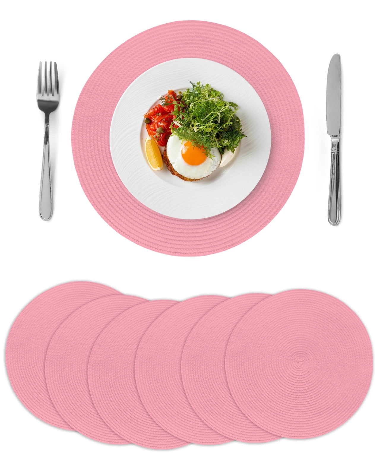 Pink Round Table Placemats set of 6, Solid Color Washable Woven Place ...