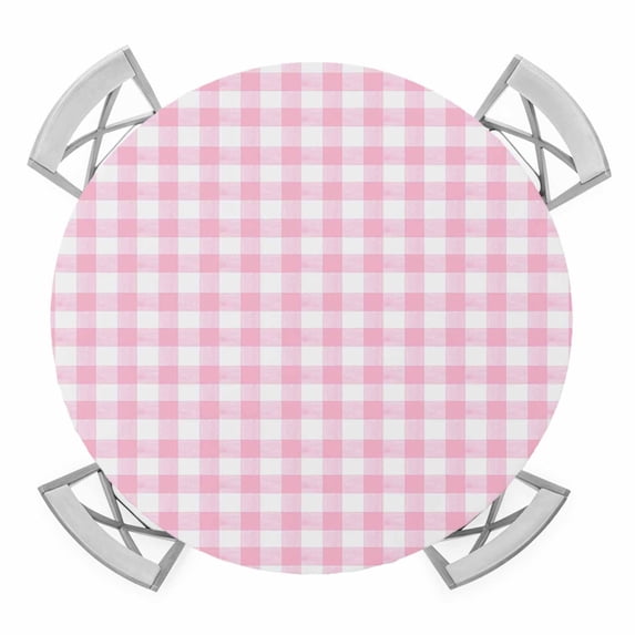 Pink Round Tablecloth for 45-54 Inch Tables,Fitted Table Cover with Elastic Edge,Country French Rustic Buffalo Plaid Modern Art Waterproof Outdoor Table Cloth Protector for Patio Garden Dinner Picnic