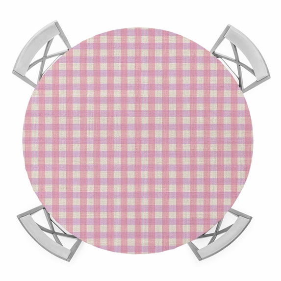 Pink Round Tablecloth for 45-54 Inch Tables, Fitted Table Cover with Elastic Edge, Grid Checkered Plaid Gingham Lattice Trellis Waterproof Outdoor Table Cloth Protector for Patio Garden Dinner Picnic