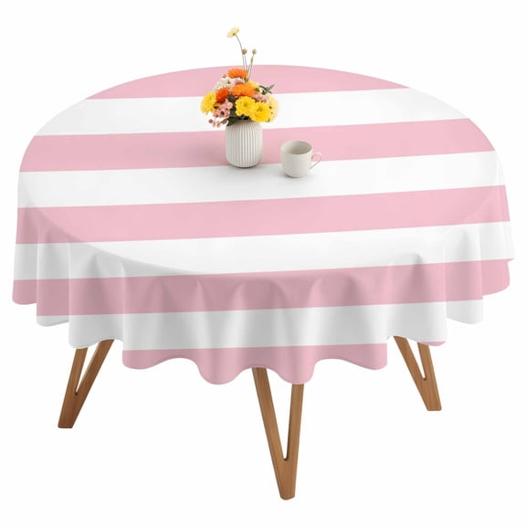 Pink and Round Tablecloth 60 inches White Stripes Waterproof Oil-Proof Table Cloth Round Table Cover for Holiday Party Picnic Dinner Decor Indoor and Outdoor Use