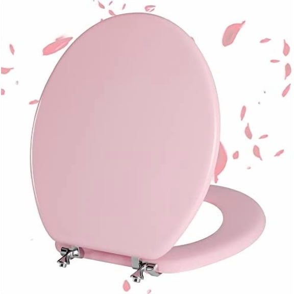 Pink Round Toilet Seat Natural Wood Toilet Seat with Zinc Alloy Hinges, Easy to Install also Easy to Clean, Scratch Resistant Toilet Seat by  (Round, Pink)