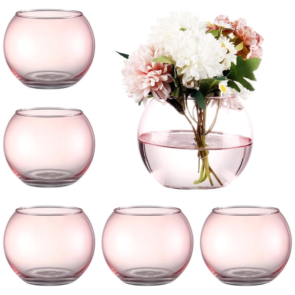 Pink Round Vases Set of 6, Glass Vase for Flowers, Flower Vases for Centerpieces, Glass Bowl Vase for Living Room, Bedroom, Kitchen, Office, Wedding