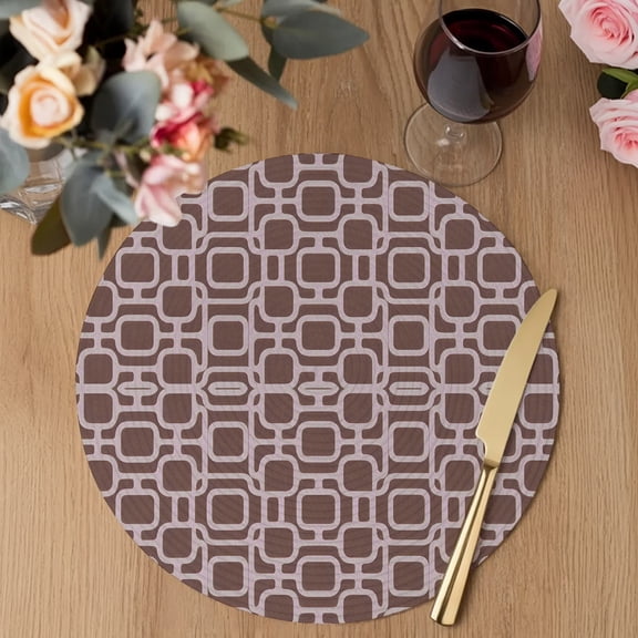 Pink Rounded Squares Round Braided Placemats Set of 1, Vintage Minimalist Abstract Art Symmetric Plaid Heat Insulation Place Mats Washable Non-Slip Table Mats for Kitchen Dining Party, 13 Inches