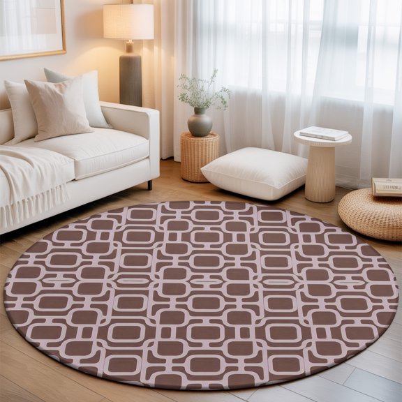 Pink Rounded Squares Round Living Room Rugs 3.3 ft, Vintage Minimalist Abstract Art Symmetric Plaid Washable Area Rug with Non-Slip Sturdy Edge Binding Round Front Door Mat Floor Carpet for Entryway