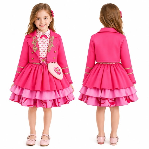 Pink Royal Princess Wonderland Costume Dress 2-Piece Cropped Gold Lace Jacket Tiered Heart Halloween Fancy Dress Party Cosplay Costumes