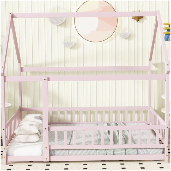 Pink Rubber Wood Floor Bed Frame, Full Size House Bed with Safety Rails and Low Profile