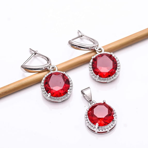Pink Rubellite Tourmaline 925 Sterling Silver Platinum Plated Pendant Earring Set PS8075, Tourmaline Pendant Earring Set, Gift For Her, Round Pendant