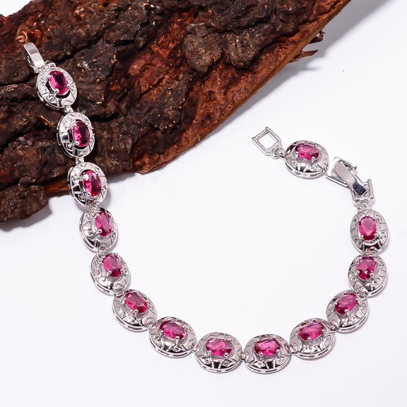 Pink Rubellite Tourmaline 925 Sterling Silver Tennis Tennis Bracelet B129513, Tourmaline Bracelet, Pink Bracelet, Oval Bracelet