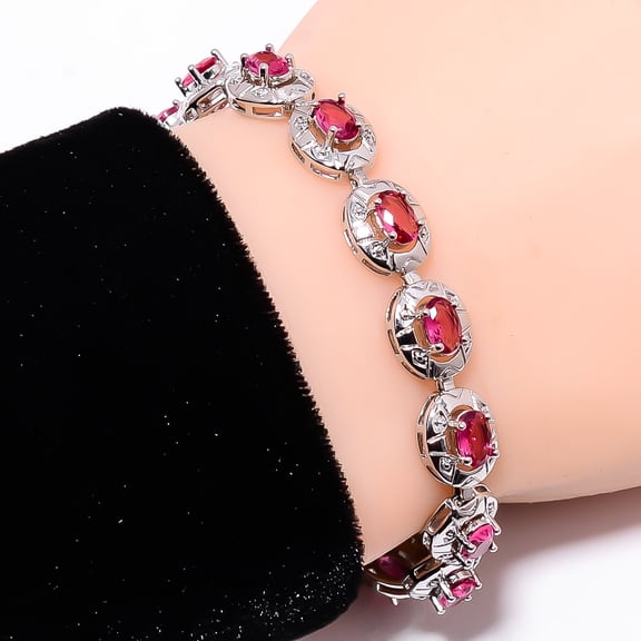 Pink Rubellite Tourmaline 925 Sterling Silver Tennis Tennis Bracelet B129516, Tourmaline Bracelet, Pink Bracelet, Oval Bracelet