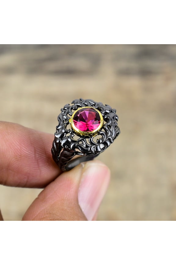 Pink Rubellite Tourmaline Black And Gold Plated 925 Sterling Silver Ring S.7.5 R87019, Christmas Gift