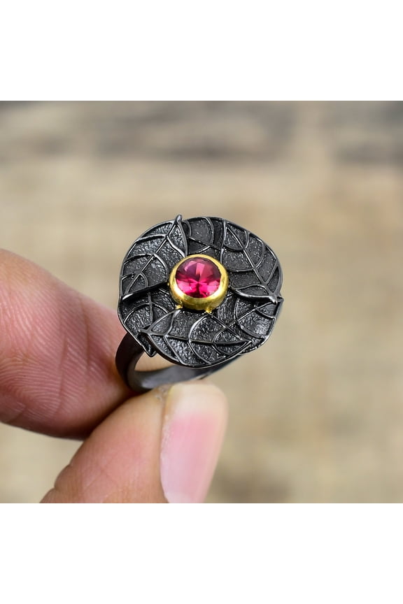 Pink Rubellite Tourmaline Black And Gold Plated 925 Sterling Silver Ring S.7 R8728, Christmas Gift