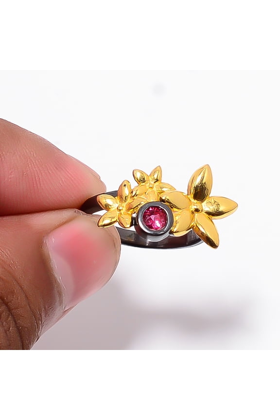 Pink Rubellite Tourmaline Black And Gold Plated 925 Sterling Silver Ring S.8 R87422, Christmas Gift