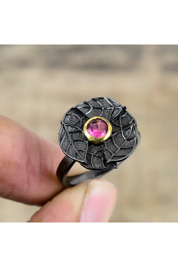Pink Rubellite Tourmaline Black And Gold Plated 925 Sterling Silver Ring S.9 R87217, Christmas Gift