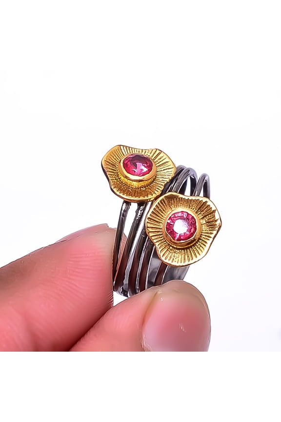 Pink Rubellite Tourmaline Black And Gold Plated 925 Sterling Silver Ring s.7.5 Sku32, Pink Ring, Gemstone Ring