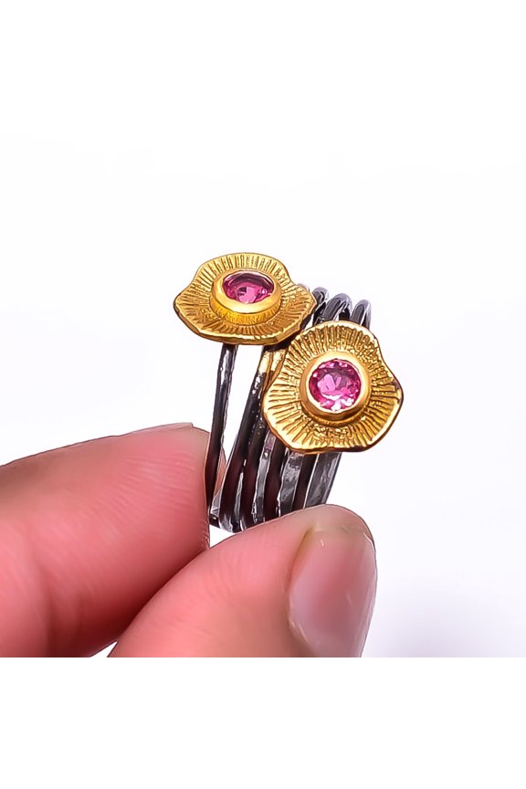 Pink Rubellite Tourmaline Black And Gold Plated 925 Sterling Silver Ring s.7.5 Sku49, Pink Ring, Gemstone Ring