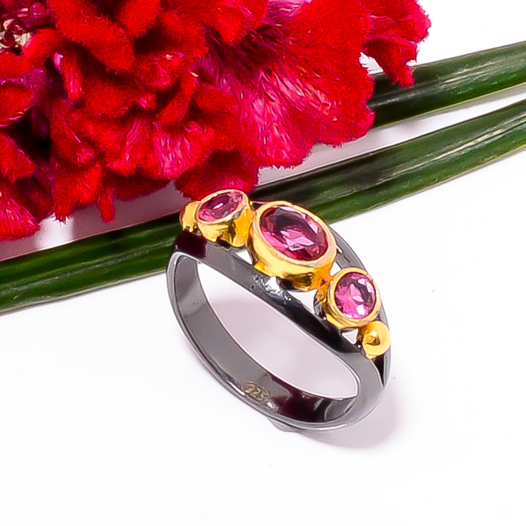 ZAM GEMS Pink Rubellite Tourmaline Black And Gold Plated 925 Sterling Silver Ring s.9 Sku49, Pink Ring, Gemstone Ring