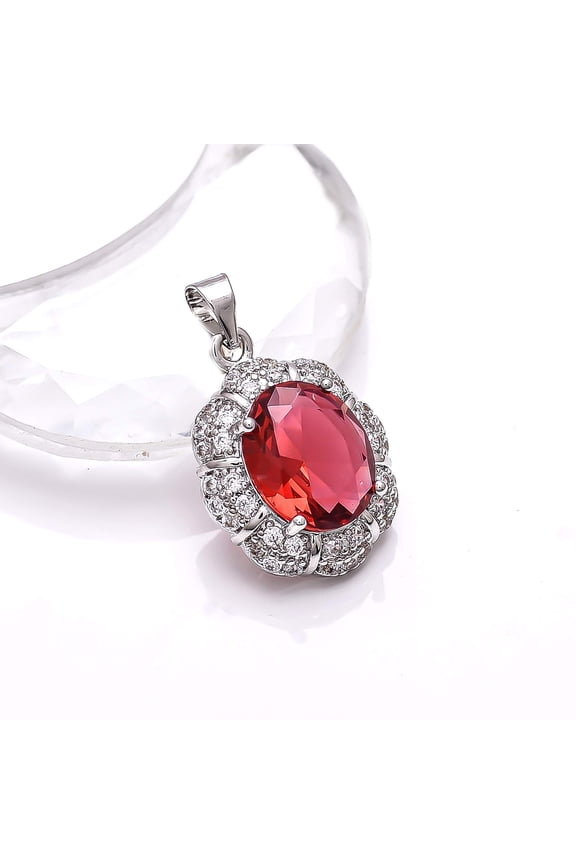 Pink Rubellite Tourmaline, CZ 925 Silver Platinum Plated Pendant 1.00" P7923, Tourmaline Pendant, Gift For Her, Oval Pendant, Pink Pendant