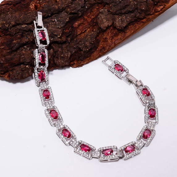 Pink Rubellite Tourmaline, CZ 925 Sterling Silver Adjustable Tennis Bracelet 7-8" B516, Tourmaline Bracelet, Pink Bracelet, Oval Bracelet