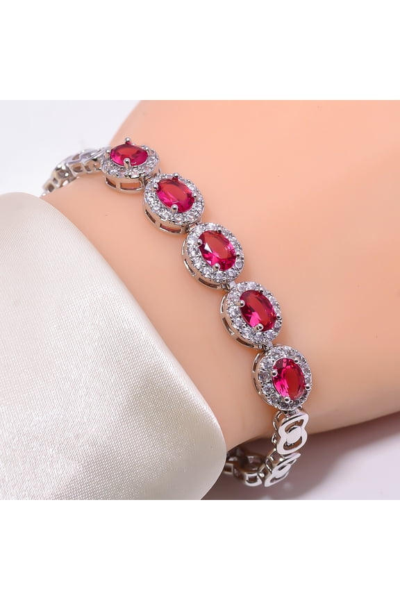 Pink Rubellite Tourmaline & CZ 925 Sterling Silver Tennis Bracelet 7" B23 Christmas Sale, New Year Gift
