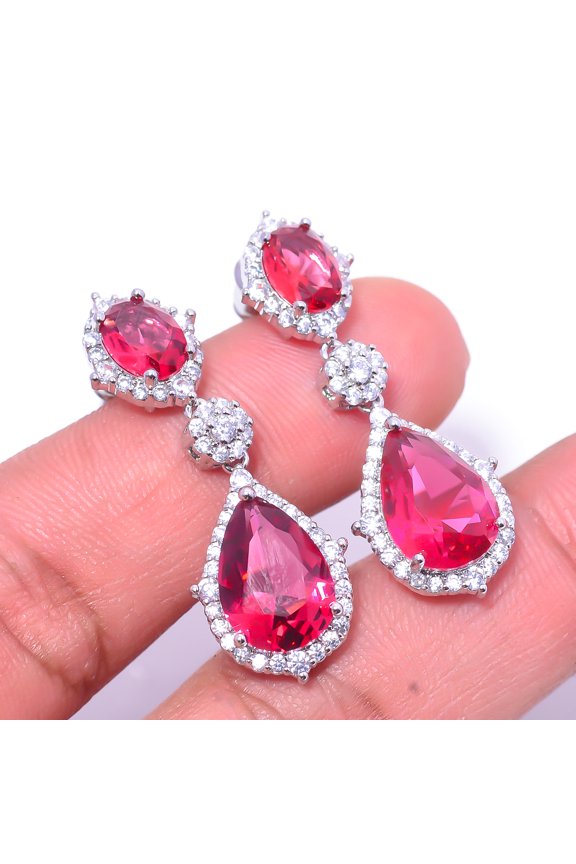 Pink Rubellite Tourmaline & Cubic Zirconia 925 Sterling Silver Earring 1.37" E40 , New Year Gift, New Year Sale, Valentin's Day Gift