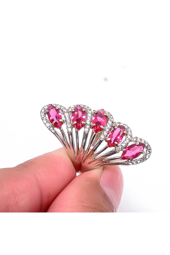 Pink Rubellite Tourmaline, Cubic Zirconia 925 Sterling Silver Ring S.7 R24