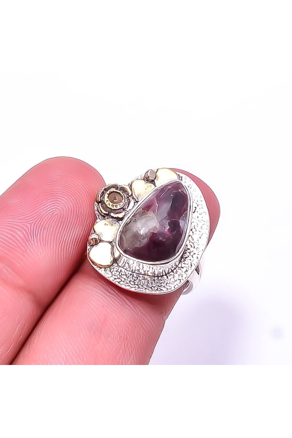 Pink Rubellite Tourmaline In Quartz - Brazil Two Tone Designer 925 Sterling Silver Ring s.5.5 Sku33, Pink Ring, Natural Gemstone Ring