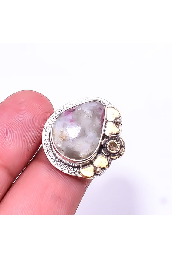 Pink Rubellite Tourmaline In Quartz - Brazil Two Tone Designer 925 Sterling Silver Ring s.6 Sku21, Pink Ring, Natural Gemstone Ring