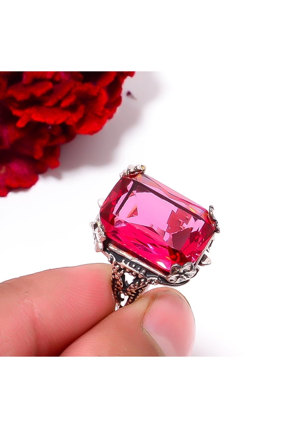 Pink Rubellite Tourmaline Solitaire Gemstone Handmade 925 Sterling Silver Ring S.8 R96820, Christmas Gift