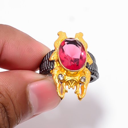 Pink Rubellite Tourmaline & White Topaz 925 Sterling Silver Frog Ring S.8 R87530, Christmas Gift
