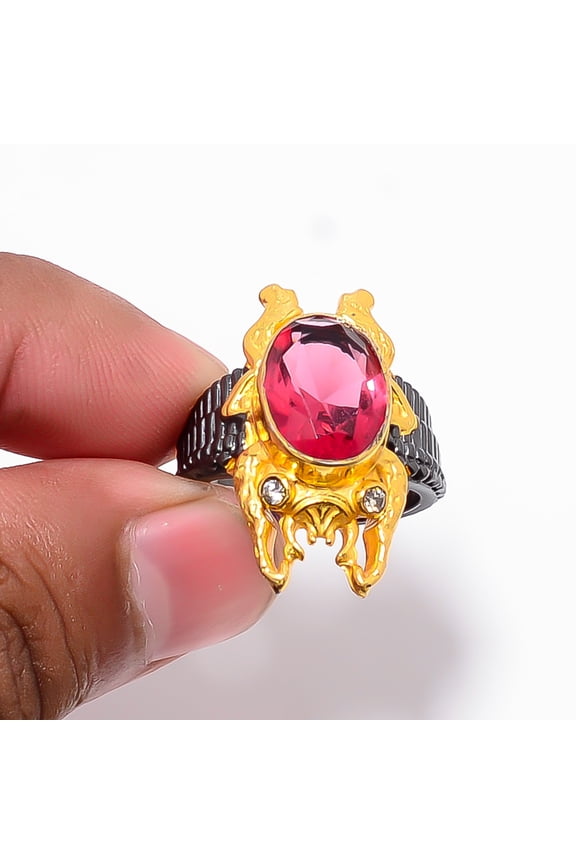 Pink Rubellite Tourmaline & White Topaz 925 Sterling Silver Frog Ring S.8 R87530, Christmas Gift