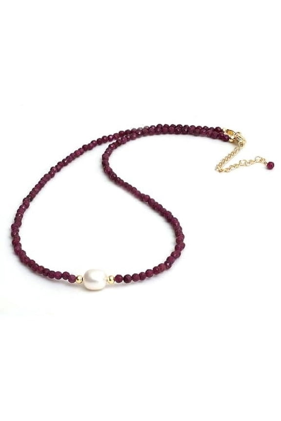Pink Ruby Beaded Necklace with Pearl Choker Crystal Jewelry Lightweight July Birthstone Gifts Hypoallergenic 18 Inch Gold Plated Western Gemstone Women Necklaces