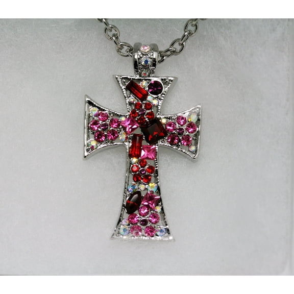 Pink Ruby Crystal & Iridescent Rhinestone Cross Pendant Necklace