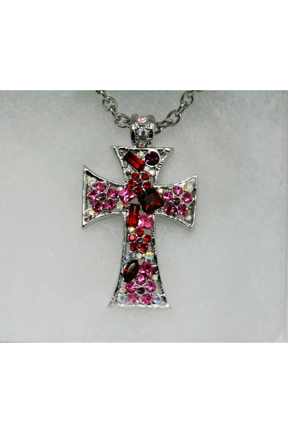 Pink Ruby Crystal & Iridescent Rhinestone Cross Pendant Necklace