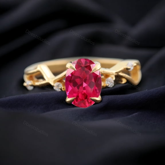 Pink Ruby Engagement Ring Diamond Twisted Anniversary Gift Yellow Gold Jewelry July Birthstone Stacking Ring Elegant Design Promise Ring