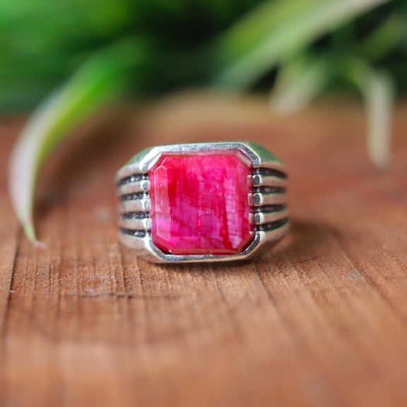 Pink Ruby Ring, 925 Sterling Silver Ring, Men's Signet Ring, Minimalist Ring, Boho Jewelry, Statement Ring, Rectangular Gemstone Silver Ring