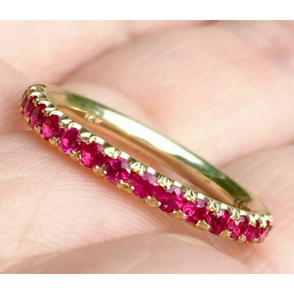 Pink Ruby Women's Wedding Band Ring 14K Yellow Gold Plated 2.10Ct Round Cut Lab Created