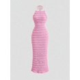 thumbnail image 1 of Pink Ruched Halter Maxi Dress With Adjustable Neck Tie, 1 of 6