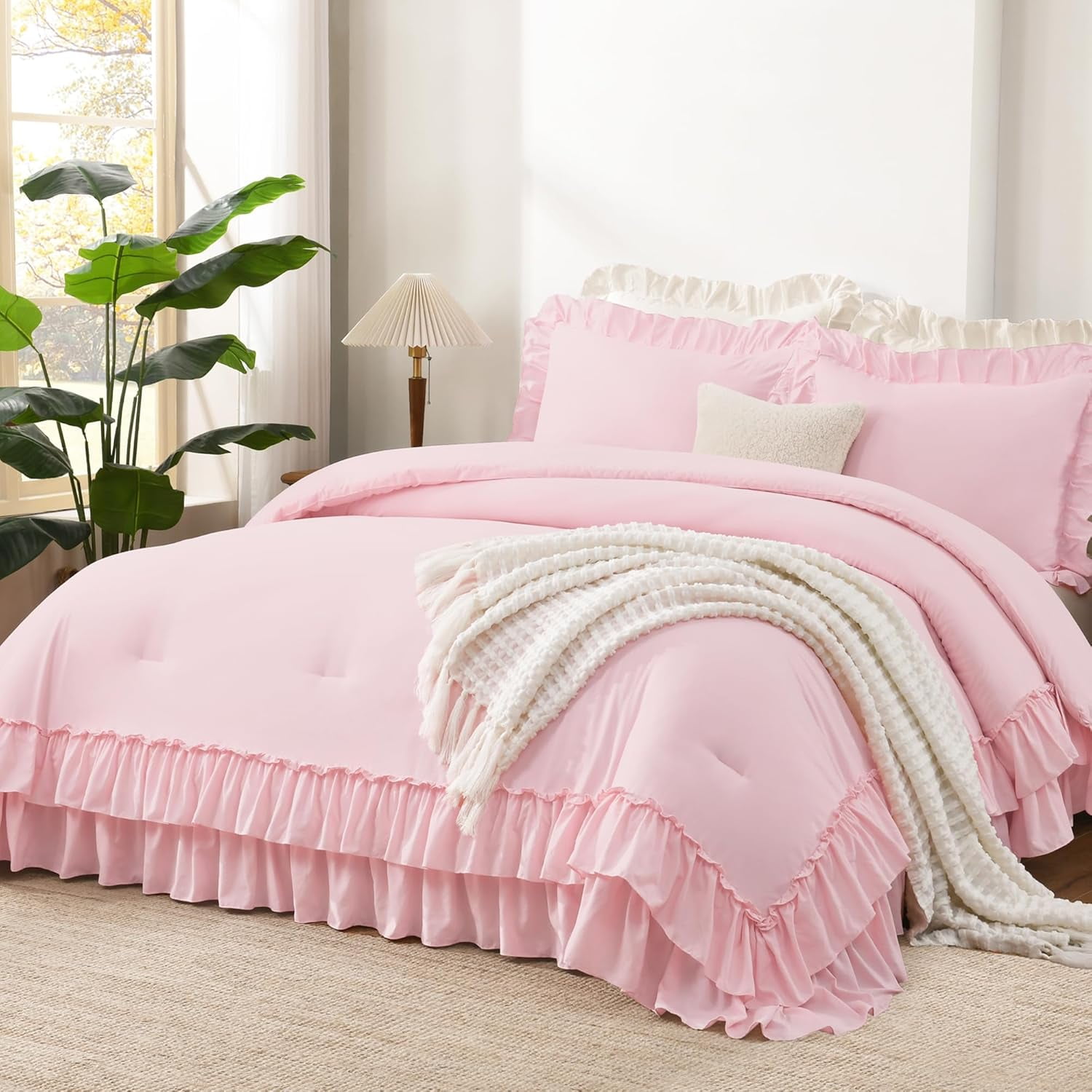 Pink Ruffle Comforter Set King, Shabby Chic Farmhouse Bedding Comforter ...
