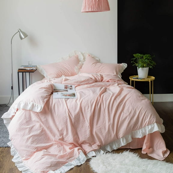 Pink Ruffle Duvet Cover Queen 100% Washed Cotton 3 Pcs Set 1 Farmhouse White Striped Lace Duvet Cover with Zipper Ties 2 Pillow Shams Vintage Romantic Peach Ruffled Bedding Set Soft