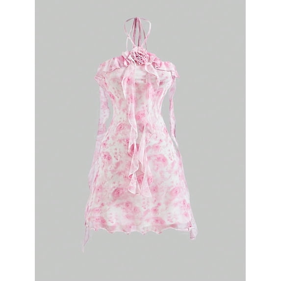 Pink Ruffle Halter Mini Dress With Floral Print And Rose Embellishment