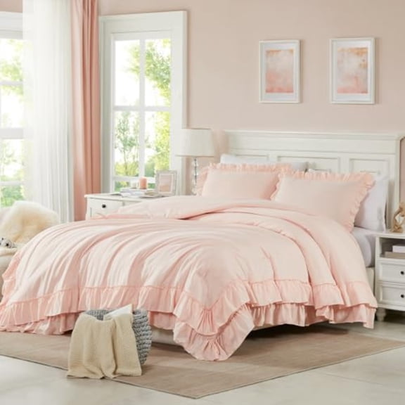 Pink Ruffle King Size Comforter Set Shabby Chic Boho Bedding Comforter Sets Fluffy Cozy Bedding Comforters and Sets for All Season 3PCS Lightweight Farmhouse Rustic Bedding Sets