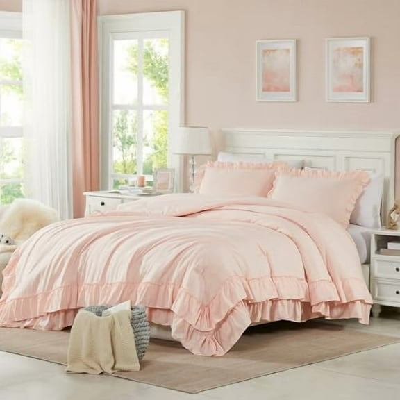 Pink Ruffle King Size Comforter Set, Shabby Chic Boho Bedding Comforter Sets, Fluffy Cozy Bedding Comforters & Sets for All Season, 3PCS Lightweight Farmhouse Rustic Bedding Sets