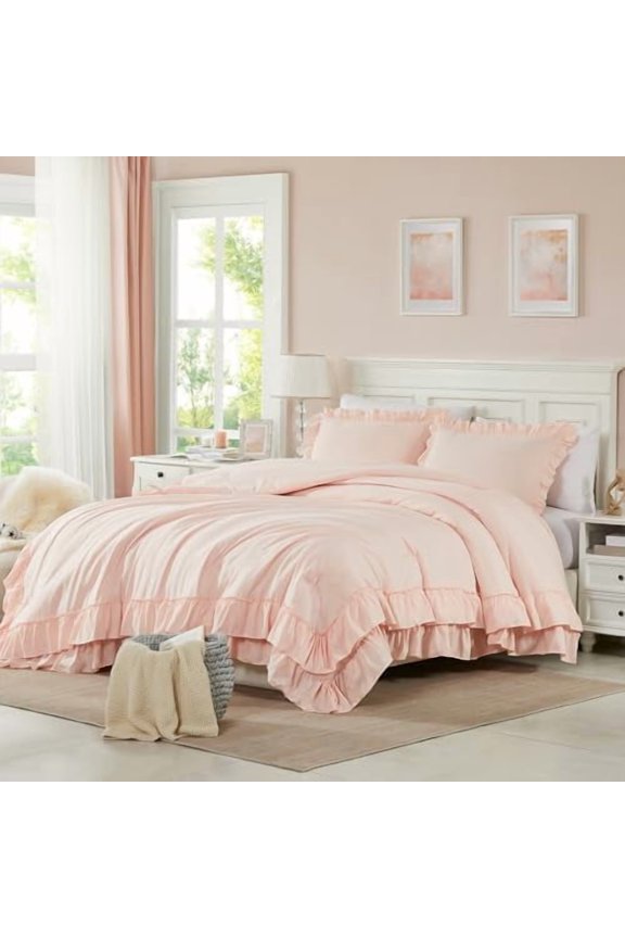 Pink Ruffle King Size Comforter Set, Shabby Chic Boho Bedding Comforter Sets, Fluffy Cozy Bedding Comforters & Sets for All Season, 3PCS Lightweight Farmhouse Rustic Bedding Sets